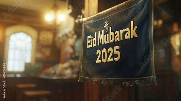 Fototapeta A dark blue Eid Mubarak 2025 banner hangs in a softly lit room. Perfect for Eid greetings or festive social media posts.