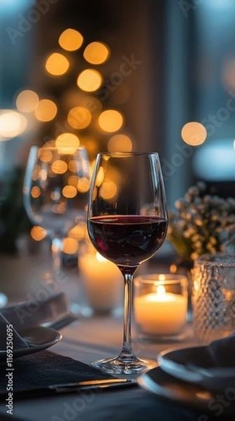 Fototapeta Elegant candlelit dinner setting with wine glass and bokeh lights