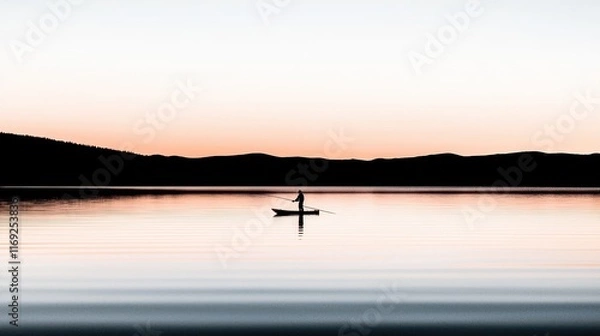 Fototapeta Serene Sunrise Reflection with Solo Canoeist on Calm Lake Surrounded by Soft Mountains and Gentle Hues