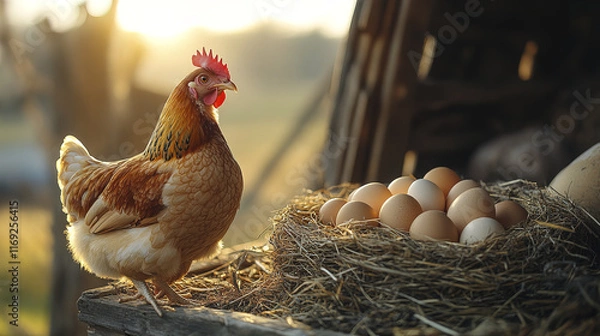Fototapeta hen standing beside nest filled with eggs in rustic barn