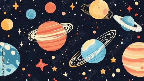 Fototapeta Colorful planets and stars in a whimsical cosmic design.