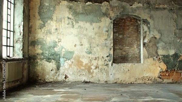 Fototapeta Abandoned Room with Crumbling Walls and Empty Window Frame