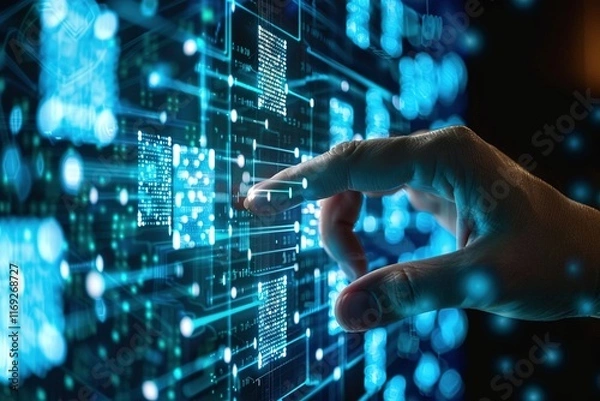 Obraz Hand interacting with digital interface, data streams and glowing circuits.