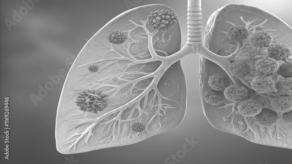 Fototapeta Lung cancer. Realistic transparent blue human lungs with tumor or Metastasis. Glowing effect on dark background. Vector illustration like X-ray image for