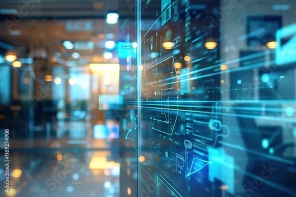 Fototapeta Digital data streams across a modern office backdrop.