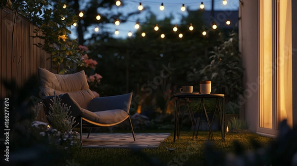 Fototapeta Cozy outdoor seating area illuminated by string lights at night with plants and a warm atmosphere