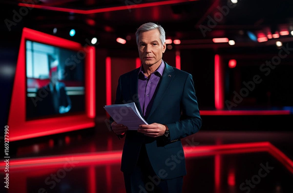 Fototapeta A news anchor stands confidently in a contemporary studio, holding a stack of papers