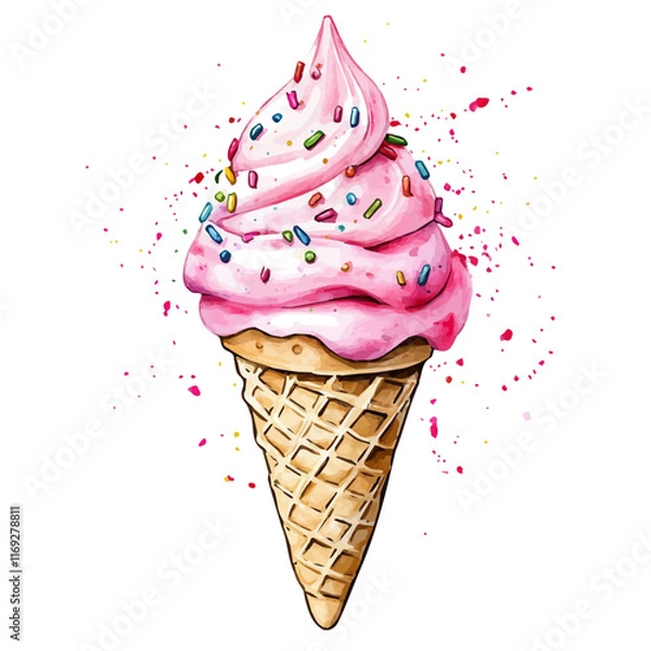 Obraz A watercolor vector painting of a strawberry ice cream cone with sprinkles, isolated on a white background. Strawberry ice cream vector.

