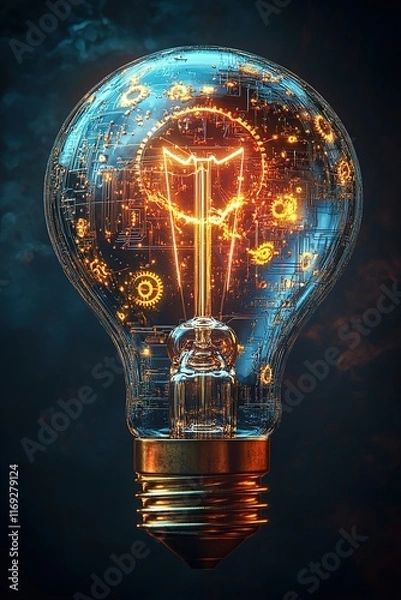 Fototapeta A conceptual image of a lightbulb made up of interconnected gears and circuits, symbolizing innovative ideas and technology. The lightbulb emits a soft glow against a dark gradient background.