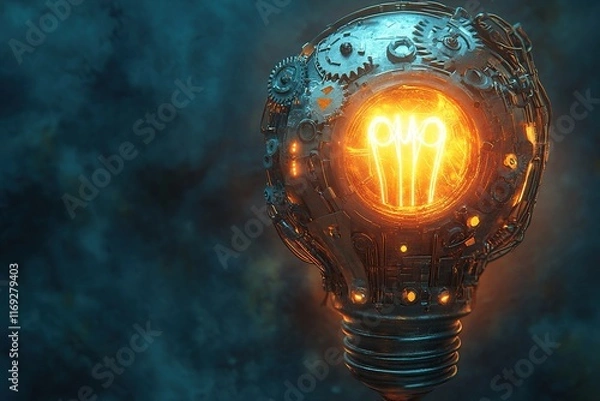 Fototapeta A conceptual image of a lightbulb made up of interconnected gears and circuits, symbolizing innovative ideas and technology. The lightbulb emits a soft glow against a dark gradient background.