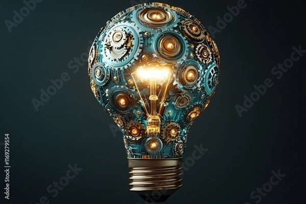 Fototapeta A conceptual image of a lightbulb made up of interconnected gears and circuits, symbolizing innovative ideas and technology. The lightbulb emits a soft glow against a dark gradient background.