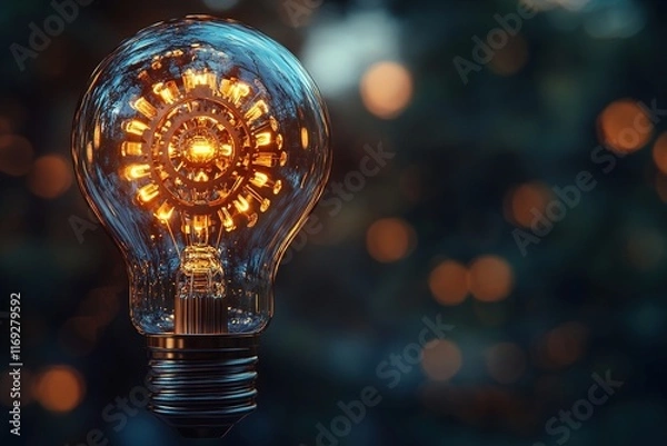 Fototapeta A conceptual image of a lightbulb made up of interconnected gears and circuits, symbolizing innovative ideas and technology. The lightbulb emits a soft glow against a dark gradient background.