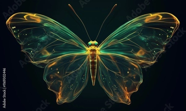 Fototapeta Translucent glowing butterfly illustration with vibrant colors and intricate details, showcasing ethereal beauty and delicate wings