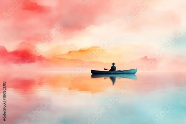 Obraz A dreamy watercolor painting of a kayak drifting on a still lake at sunrise, with pastel tones blending seamlessly