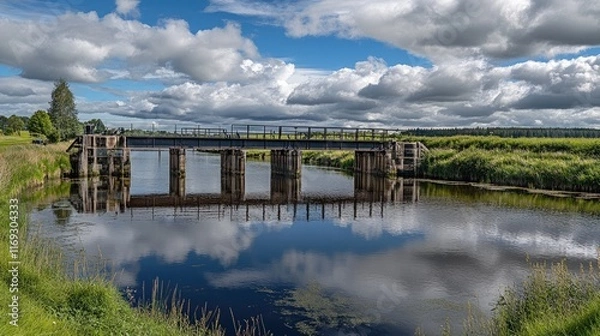 Fototapeta Serene Bridge Reflection over Calm Water Under Blue Sky with Clouds