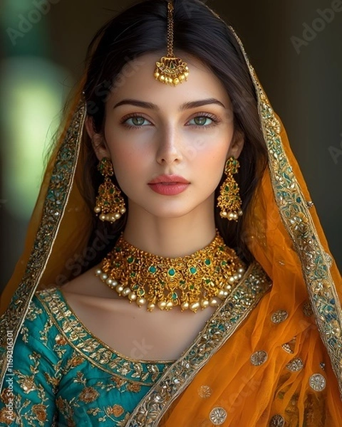 Fototapeta Portrait of a Regal Indian Woman in Vibrant Traditional Attire with Intricate Jewelry