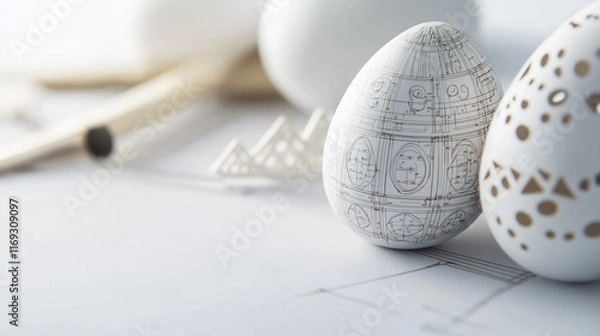 Fototapeta The creative blueprint features intricate, monochromatic Easter egg designs inspired by industrial art