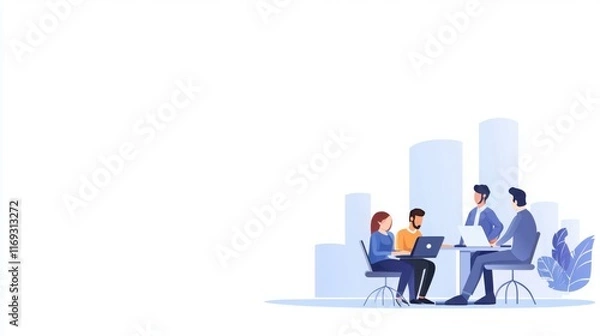 Fototapeta A dynamic template featuring a group of professionals brainstorming around a laptop in a modern office