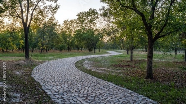 Obraz Curving stone pathway through a serene green park at sunset.