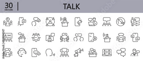 Obraz Talk line icons set with Meeting, Message, Phone, Bubbles, Conversation, Conference, Chat, Management and more. Editable Stroke
