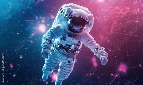Obraz Astronaut floating in vibrant cosmic space, surrounded by colorful nebulae and stars, showcasing advanced space exploration technology
