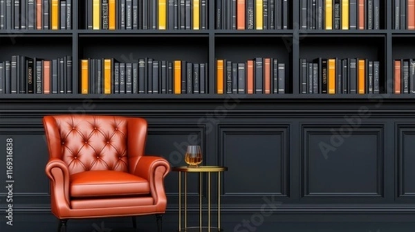 Obraz A luxurious reading corner in a home library with black shelves filled with books