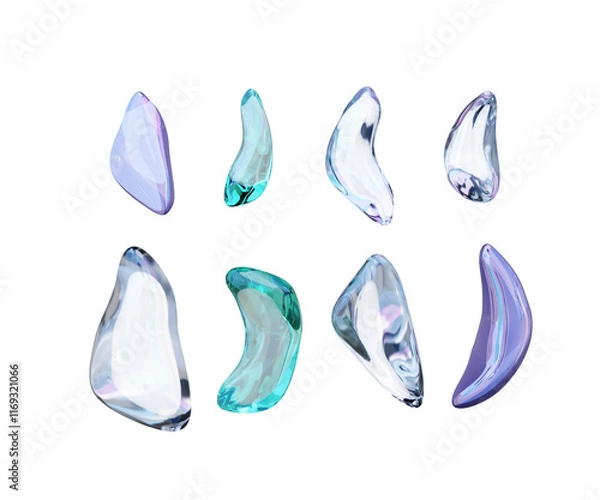 Fototapeta Set of  holographic figures, glass gradient 3d organic shapes, isolated on transparent background. Liquid abstract transparent 3d rendering objects. Abstract iridescent modern design elements
