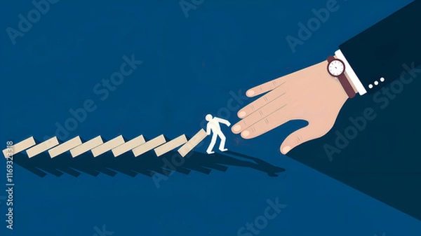Obraz Helping Hand Prevents Businessman from Falling.  A large hand reaches out to stop a businessman from being knocked over by a falling domino effect.