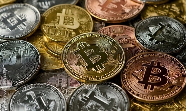 Fototapeta Bitcoin cryptocurrency coins in various colors and finishes, showcasing digital currency's popularity and value