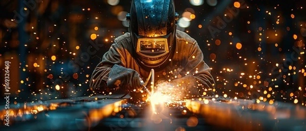 Fototapeta Welder with sparks flying, showcasing a skilled tradesperson working on a metal fabrication project wearing safety gear
