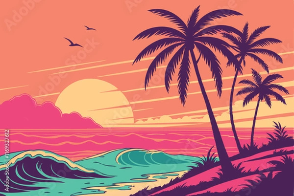 Fototapeta A vibrant tropical sunset with neon-inspired colors, blending electric pink, cyan, and orange hues. The waves glow with bioluminescent highlights, and palm trees are silhouetted against a glowing horn