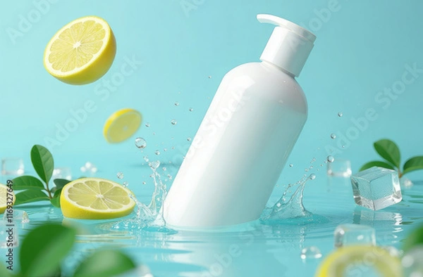 Obraz White empty cosmetic bottle of cream, liquid soap, lotion, shampoo or shower gel mockup. Bottle immersed in water on blue background around lemon slice, mint leaves and ice cubes. Natural beauty