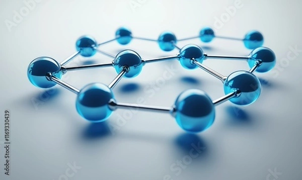 Fototapeta Molecular Structure Representation with Blue Spheres and Metallic Bonds, Abstract Scientific Visualization