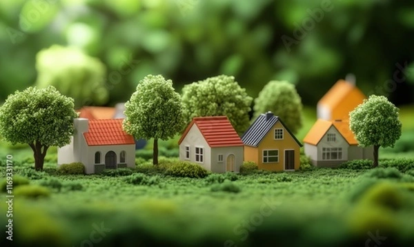 Fototapeta Miniature houses surrounded by lush greenery, showcasing vibrant colors and diverse architectural styles, creating a charming neighborhood scene