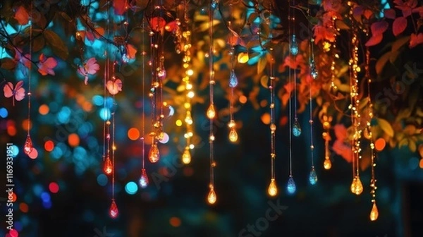 Fototapeta Cozy and Festive Winter Holiday Mood with Glowing Garlands Sparkling Fairy Lights and Glittering Ornaments Creating a Warm and Magical Atmosphere