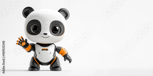 Fototapeta Cute 3d robot panda waving, isolated on a white background with copy space for text