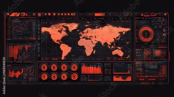 Obraz A futuristic heads-up display with a world map and various data visualizations. Ideal for sci-fi interfaces, cybersecurity dashboards, or data analysis tools.