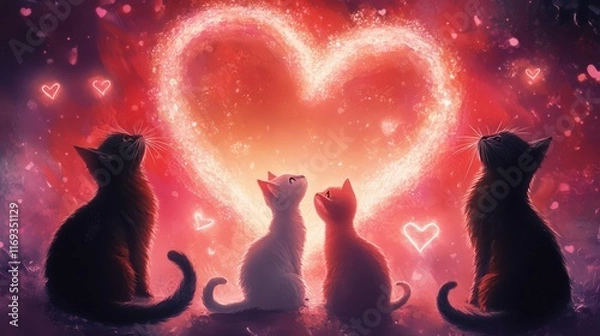 Fototapeta Four Kittens Gaze at a Sparkling Heart