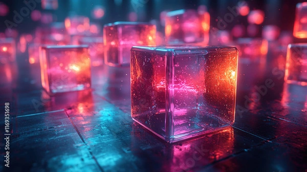 Fototapeta  Abstract floating geometric cubes with neon colors and subtle patterns, suspended in mid-air over a reflective surface, symbolizing balance, order, and a futuristic digital space
