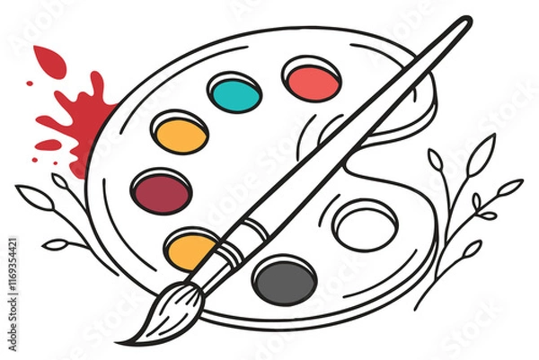 Obraz Art palette icon, colorful paint blobs, paintbrush illustration, simple graphic design, flat vector style, vibrant colors, white background, artist tool symbol, creative emblem, minimalist art supply 