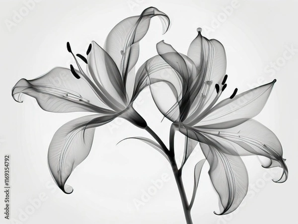 Fototapeta X-ray style image of two delicate lilies, showcasing detailed floral structure