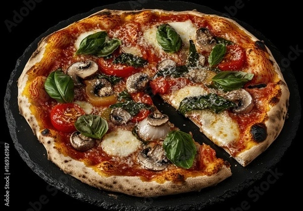 Fototapeta Freshly Baked Margherita Pizza Topped with Basil, Mushrooms, Tomatoes, and Mozzarella on a Rustic Stone Plate with a Slice Removed