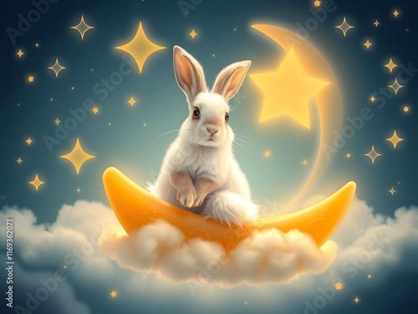 Fototapeta Cute Bunny on Crescent Moon in Night Sky