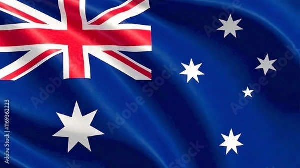Fototapeta Flag of Australia on a flagpole horizontally on a light blue background. Festive concept of national unity of the country on Australia Day