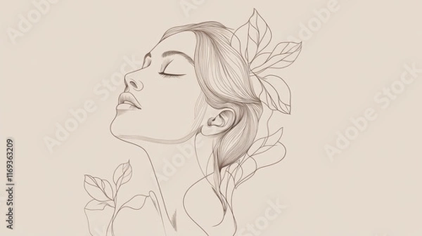 Fototapeta Elegant sketch of woman with leaves in hair