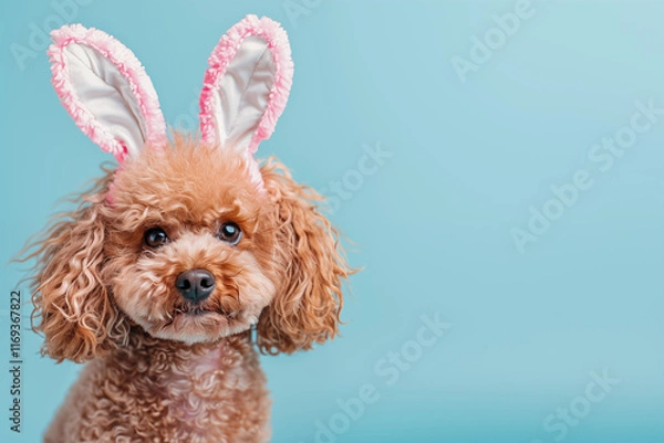 Obraz Funny happy small poodle dog with easter bunny ears on his head. Easter poster or greeting card with blank space for text.