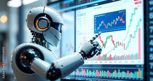 Fototapeta AI artificial intelligence tool analyzes stock market. Investor uses smart robot automation technology to analyze chart data for trading decision. Robotic arm pointing at stock chart