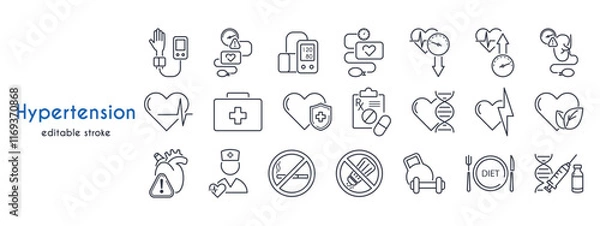 Obraz Hypertension line icon set. Heart, tonometer, blood pressure, pulse, vascular disease, prevention, hypertensive crisis, normal sleep, physical activity vector illustration Editable Strokes