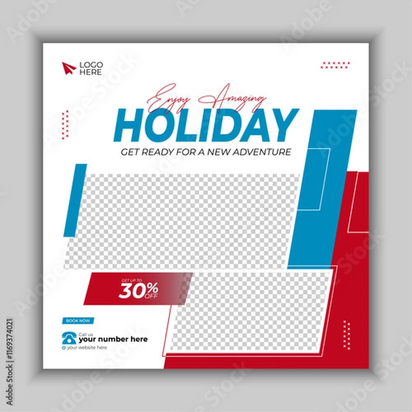 Obraz Travelling, tourism, winter or summer holiday tour online marketing social media post with abstract graphic, shape and typography design. 