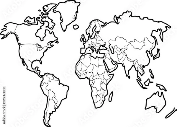 Obraz World map outline black vector icon isolated on transparent background.